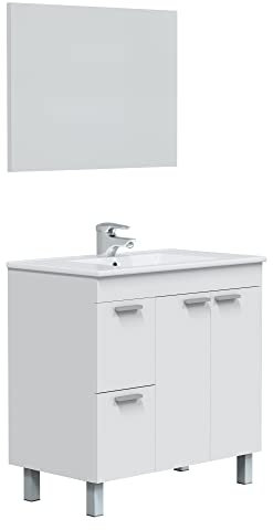 HOMN LIVING Mueble de Baño Adam con 2 cajones 2 Puertas, Espejo y Lavabo PMMA, Acabado en Blanco Brillo, 80 cm (Ancho) x 45 cm (Fondo) x 80 cm (Alto)