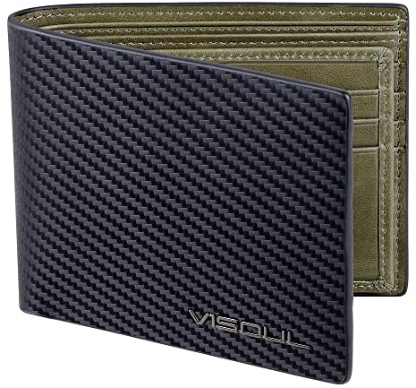 VISOUL Herren-Geldbörse aus Kohlefaser-Leder, Bifold-Brieftaschen mit RFID-Blockierung, Echtleder mit 1 ID-Fenster, 2 Geldscheinfächern und 14 Kartenfächern, Carbon, Schwarz + Grün, Einzigartig