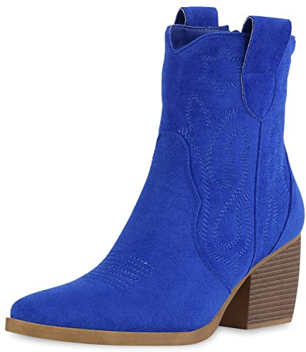 VAN HILL Damen Stiefeletten Cowboy Boots Trichterabsatz Schuhe Stickereien Western Booties Holzoptikabsatz Schuhe 212248 Blau Velours 36