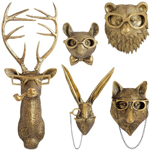 GUASDIE Tierköpfe, Wanddekoration, künstlicher Hirschkopf-Halterung, Tierskulpturen, Wanddekoration, Kunstharz, Tierkopf, Wandbehang, Dekoration für Wohnzimmer, Schlafzimmer, Küche, Geschenk, 5 Stück,