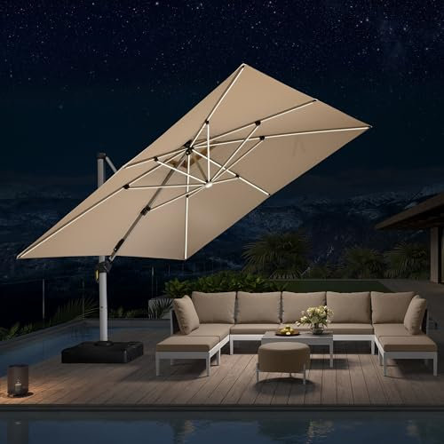PURPLE LEAF Parasol Déporté 3,65 x 3,65 m avec LED Carré, Parasol De Jardin Extérieur, Toit à Double, Rotatif 360°, Pour Terrasses, Piscines, Restaurants Extérieurs, Beige