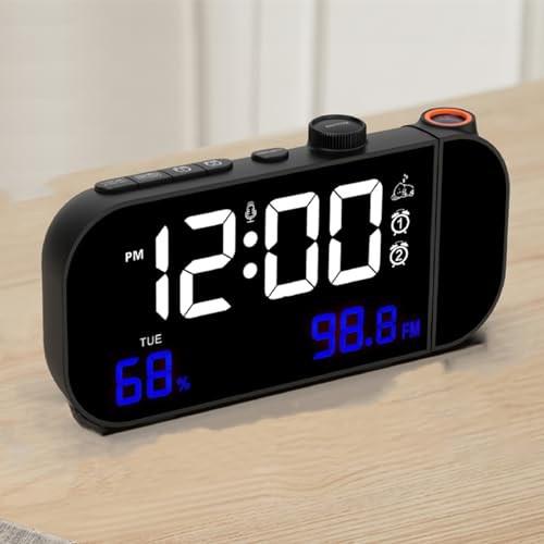 ALLOMN Projektionswecker, Nachttisch Wecker mit UKW-Radio, Digitaler LED Wecker mit Projektor, Weckerprojektor mit Schlummerfunktion für Schlafzimmer, Großes LED-Display