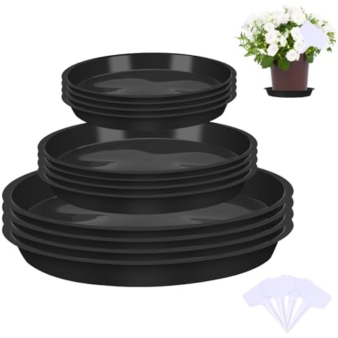 Xialvyu 12Pcs Plant Pot Saucers with Label, Black Plant Saucer Waterproof Plant Tray Flower Pot Drip Tray for Indoor Outdoor Garden Plants (14 cm/16cm/24cm, Black)