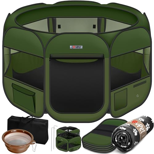 Lovpet® Welpenlaufstall Tierlaufstall Faltbar für Kleintiere Hunde, Katzen Inkl. Hundenapf und Fleece Decke Hundelaufstall Freigehege Oxfordgewebe Pop-up System Indoor & Outdoor, Khaki