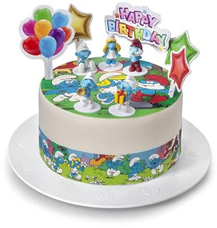 Kardasis Schtroumpfs dessus de gâteau et figurines en papier | Topper comestible pour gâteaux | Décoration de gâteau pour l'anniversaire | 20cm + 4 bandes 28x4cm + 5 figurines + 5 figurines 3D