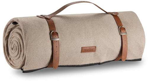 VonShef Picnic Blanket, Beige Herringbone Extra Large Outdoor Rug with Waterproof Backing, 10 Person Weatherproof Picnic Mat with Faux Leather Handle, Water Resistant Camping Accessories, 200x300cm