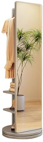 Rotation 360 Miroir en Bois Massif, Miroir sur Pied avec Porte-Manteau, Miroir de Sol Pleine Longueur pour Le Salon, la Chambre et l'appartement, Gris