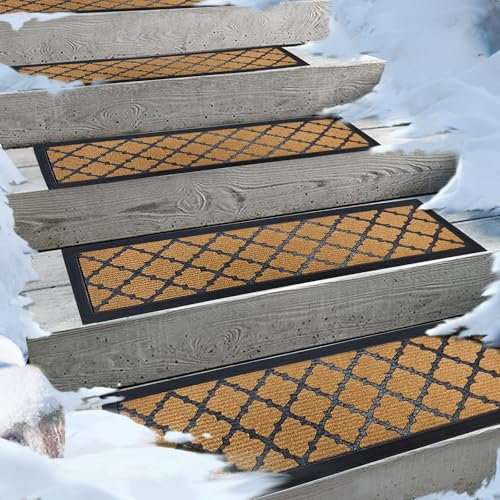 Aucuda 6er Set Stufenmatte Außen aus Gummi, 76 x 22 cm Wetterfeste & rutschfeste Treppenstufen Matten, Anti-Rutsch Wärmedämmung Gummimatten für Outdoor, Antirutschmatten Gelbe Gitter Treppenmatte.