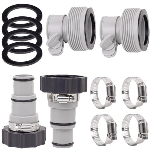 Poolschlauchadapter mit Klemmen, 2 Arten von Anschlüssen für Intex Gewindeanschlusspumpe, Ersatz für 3,8 cm / 3,2 cm Schläuche, ideal für oberirdische Pools (Zubehör im Lieferumfang enthalten)
