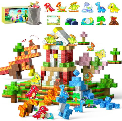 Magnetische Bausteine, 110 Stück Dinosaurier Spielzeug Magnetic Building Blocks Set, Magnet Bausteine Spielzeug für Kinder ab 3 Jahren, Magnetspielzeug Geschenk Junge Mädchen 4 5 6 7 8 9 10 Jahre