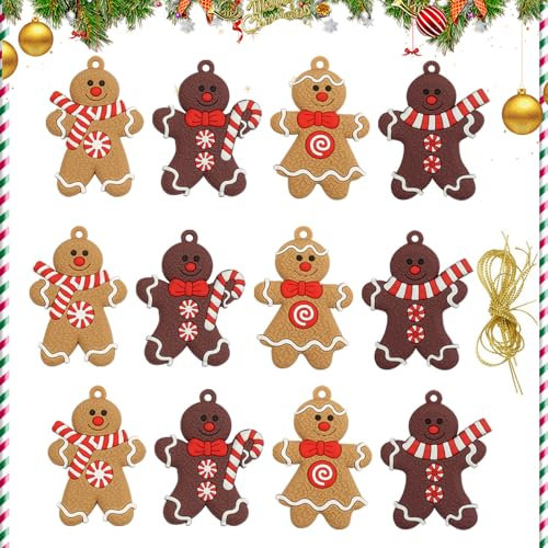 12 Stück Weihnachtsdeko Lebkuchenmann,Christbaumschmuck Lebkuchenmann Deko,Lebkuchenmann Anhänger mit goldene hängende Schnüre,Christbaumschmuck Lebkuchen,Lebkuchenmann Ornamente für Weihnachtsbaum