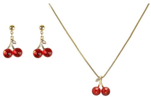 HSAJS 2PCS Schmuckset für Damen Mädchen Anhänger Diamanten Kirsche Halskette Ohrringe Schmuck Set für Weihnachten Valentinstag Muttertags