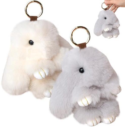 CAKEEYUM Bunny Keychain 2pcs 6 pouces de lapin à fourrure Keychain artificiel peluche en peluche porte-clés moelleux pour sac à dos, clé de voiture, sac main et plus, Geige + gris clair gris clair