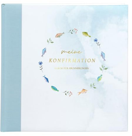 goldbuch 03 037 Fotoalbum Konfirmation Himmelsfische, Album 25 x 25 cm, Fotobuch 44 weiße Seiten, Pergamin-Trennblätter, 4 illustrierte Seiten, 6 Designseiten zum Einkleben, Kunstdruck, Hellblau