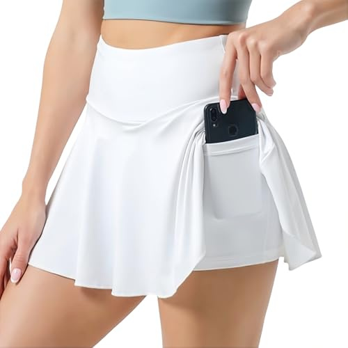 SamHeng Damen Tennisschürze Athletische Rock-Shorts Faltenrock mit Taschen Hochtalgang Skort Training Golf Skorts Laufen Fitness Grundsport Minirock (Weiß/M)