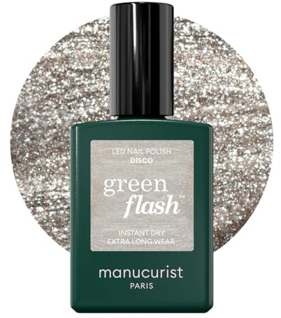 Manucurist Green Flash Disco Silver Glitter LED Gel Nail Polish | LED gel polish and semi-permanent nail varnish, UV nail lamp compatible. 12-free, bio-sourced, vegan, Made in France, 15 ml