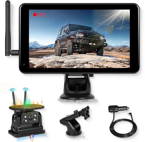 Rückfahrkamera Kabellos Solar Magnetische Rückfahrkamera Funk mit 10000mAh Akku, Hodozzy 7 Zoll IPS Touchscreen Monitor DVR-Aufnahme, IP68 Wasserdicht Nachtsicht Typ-C-Ladung Toter-Winkel-Warnung