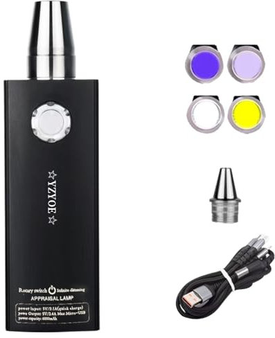 YZYOE LED Rechargeable Four Light Source Jade Recognition Flashlight, Outdoor Gemstone and Mineral Detector, White, Yellow Lights, 365nm Ultraviolet Light, and 395 Black Lights Multifunctional Lamp