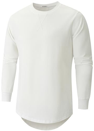 VEIISAR Men's Heavy Weight Crew Neck Long Sleeve T Shirt - Mens 100 Cotton Thick Longline T-Shirts (X363L White L)