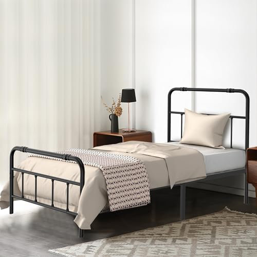 FIVMEN Bett Bettgestell mit Hohem Kopfteil 90x200 cm Metallbett Bettrahmen mit Stauraum Metall Bed Frame für Gästebett Jugendbett Einzelbett