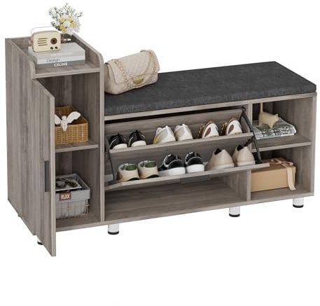 FiveWillowise Shoe Bench Storage with Seat 105 * 45cm, Ottoman Storage 1 Flip Drawer and 2 Open Shelves for Mordern Home, Hallway Cabinet Unit with Seat(Grey)