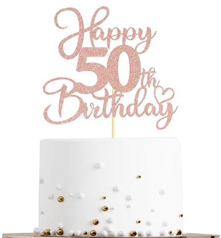 Sotpot 1 Pack 50th Birthday Cake Topper Double-sided Rose Gold Glitter Cake Pick Cake Decoration for Happy 50th Birthday Anniversary Party Decorations