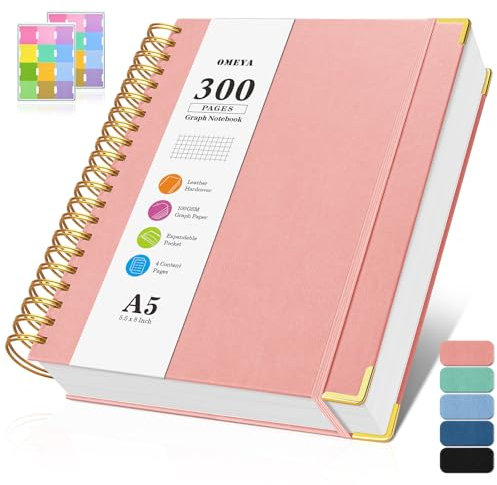 Notizblock A5 Kariert, Spiralblock Notizbuch mit 300 Seiten, 100GSMblock kariert, Hardcover Leder Spiralbindung Notebook für Frauen und Männer,Großes Notizbücher für Arbeit Büro Schule, 14 x 21cm