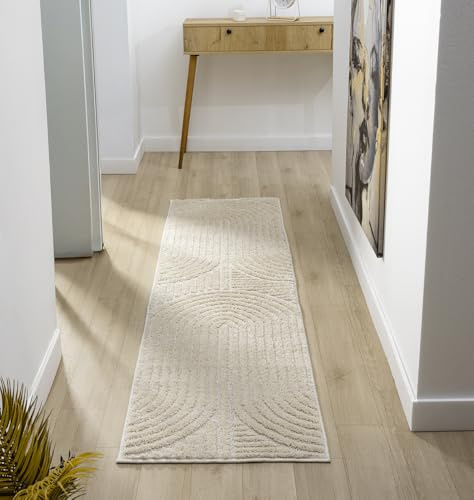 Isabella Scandi Boho Geometric Hallway Runner Rug, Cream, 60x220cm