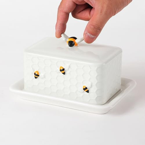 SGHIC Keramik Weihnachten Kleine Butterdose mit Deckel und Henkel, handbemalte Hummeln, passt in die Kühlschranktüre, spülmaschinenfest, Geprägtes Muster, weiß, 17*12*11cm