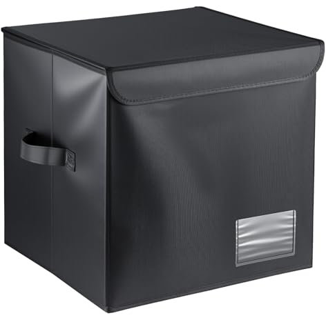 Vinyl Record Storage Box – Holds 60+ Records | Stackable & Collapsible LP Organizer with Dust-Proof Lid | Portable Handle Design for DJs, Collectors & Music Lovers (Black) (1-pack, 12inch)
