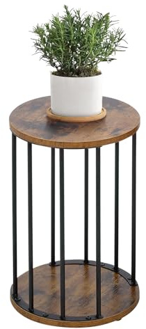 HDANI Supporto Rotondo per Piante in Metallo 45 cm,Supporto per Fiori Solido e Robusto per Soggiorno, Giardino, Balcone, Sgabello per Fiori in Legno,Marrone Vintage e Nero