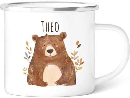 GRAVURZEILE Emaille Tasse für Kinder - Waldtiere Bär - Personalisiert mit Namen - versch. Tiermotive zur Auswahl - 300 ml - Trinkbecher für Kinder - Geschenk für Jungen & Mädchen
