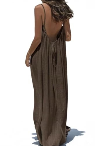 D.Yi Backless Cami Dress Womens Summer Casual Sleeveless Dresses for Beach 2025 Vacation V Neck Tshirt Spaghetti Strap Loose Fit Sundress Womens Plain Dress Summer Clothes Women Brown