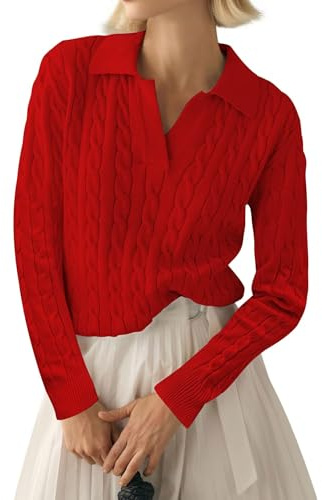 LACOZY Womens Fall Long Sleeve Sweaters Lapel V Neck Cable Knitted Pullover Shirts Casual Soft Jumper Top