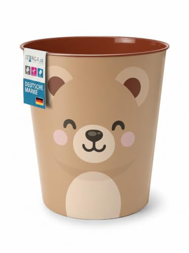 itenga Papierkorb für Kinder mit Tier Motiv - Kawaii Design - rund ca. 11 Liter - Mülleimer fürs Kinderzimmer - stabiler Kunststoff (Bär)