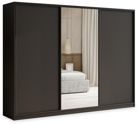 Masseno Schwebetürenschrank TARI 235/205/58 cm Kleiderschrank mit 4 Schubladen Schlafzimmer Schiebetürenschrank 3-türig mit Spiegel Schwarz