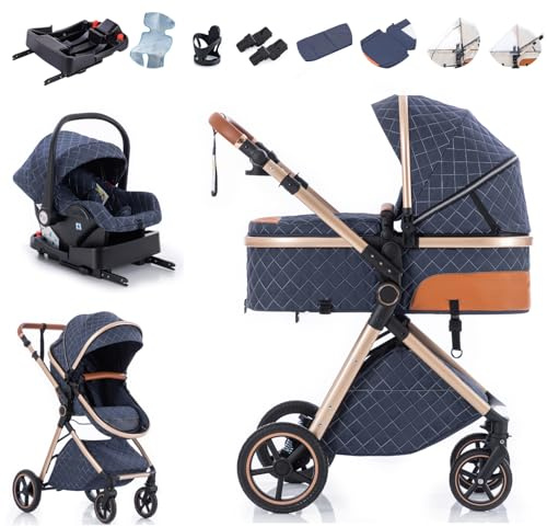 Zkiprm 3-in-1 Kinderwagen Reisesystem mit Sitz und Isofix Base | Faltbarer Kinderwagenset | Höhenverstellbarer Griff | inkl. Regenschutz, Fußsack, kühlende Einlage, Getränkehalter & mehr