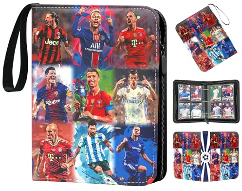 COQOYO Fussball Sammelkarten Album 4 Taschen 50 Hüllen für 400 Karten, Fußball Karten Sammelalbum Sammelmappe Sammelheft Sammelbuch mit Reißverschluss Tragegriff, Wasserdicht Karten Ordner aus Leder