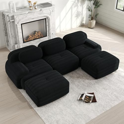 Luscriate Boneless U-Form Schlafsofa Modular – Niedriges Cloud Couch ohne Montage, Cloud Polstersofa aus Cord, weiche Couch mit Ottoman, Schwarz 3-Sitzer+2 (Black, H-3S+2)