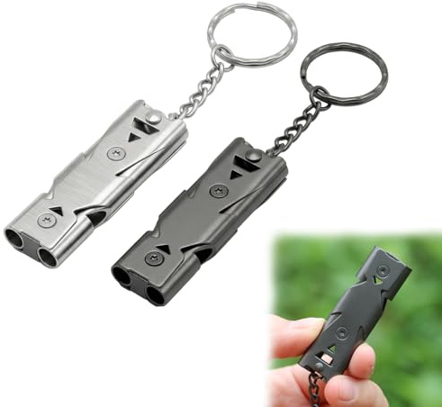 wilcractk Notpfeife Aus Edelstahl Hochfrequenz Doppelrohr 80–150 dB Silber Und Gunmetal Für Outdoor, Notfall, Sport Und Signalgebung 2 Stück