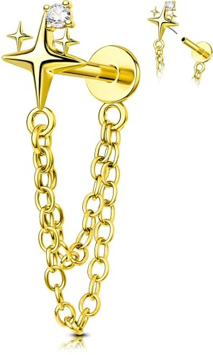 OUFER Body Piercing Helix Earring 316L Stainless Steel Star Chain Push in Labret Stud 16G(1.2mm) 6mm Gold/Silver CZ Cartilage Earring Threadless Helix Tragus Lip Nose Piercing Jewellery