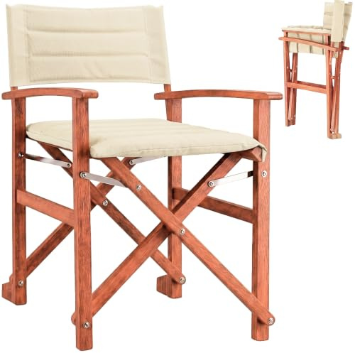 CASARIA Wooden Garden Directors Chair Folding, Foldable, Padded Seat, Cream | Eucalyptus Wood Frame Fabric Seat Foldable Outdoor Chair, Patio Balcony Camping Garden Furniture 160kg Capacity