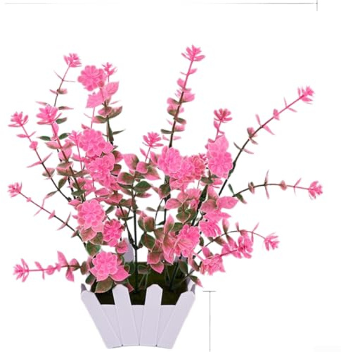 for mini Artificial Flower Set with Picket Fence Pot for Table Desk Decoration Home Office Decor Plastic Faux Plants(Pink)