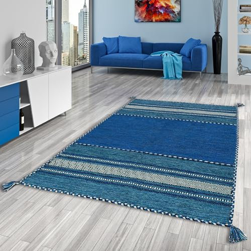 Navarro Natur Teppich Bauwolle Kelim Blau in 6 Größen