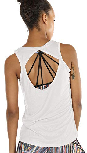 icyzone Damen Yoga Sport Top Rückenfrei Fitness Shirt Ärmellos Leichte Training Tank Tops (L, White)