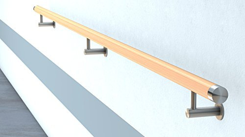 Buche Holz Handlauf Holzhandlauf V2A Fertighandlauf Geländer Treppe Griff 42,4x2 mit L-Form Tr„gern (1,8 m - einteilig)