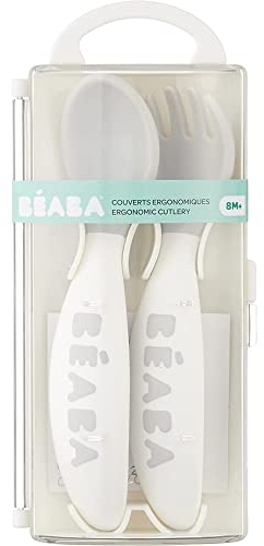 BÉABA Lote de 2 Cubiertos Ergonómicos de Aprendizaje Segunda edad, A partir de 8 meses, Fácil Manejo para Bebé, Apto para Diestros y Zurdos, Caja de Transporte Incluida, gris