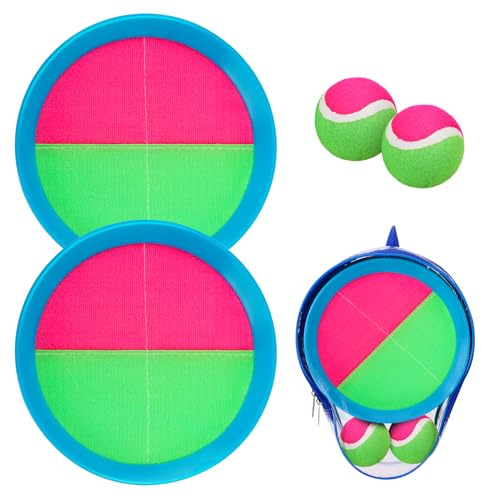 INPODAK Klettspiel Wurf Spiel Kinder, Klettballspiel für Kinder, Klettball Spiel ab 3 4 5 6 7 8 9, Strandspiele Wurfspiel, Spielzeug, Sommerspiele Draußen Garten,Rosa Grün,2 Schläger & 2 Bälle