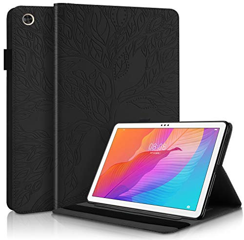 CaseFun Custodia per Huawei MatePad T10S T10 2020 Tablet PU Pelle Albero della vita Modello Flip Custodia a portafoglio Custodia antiscivolo con portamatite, Huawei MatePad T 10S / T 10 Nero