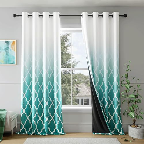 Metro Parlor Verdunklungsvorhänge, Blaugrün, Ombre, 244 cm lang, für Schlafzimmer, Wohnzimmer, marokkanisches Muster, Farbverlauf, Vorhänge, Leinenstrukturierte Ösen-Oberseite, Fensterbehandlungen